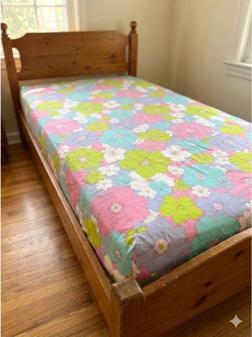 Vintage 70s Lotus Bloom Springmaid Wondercale Fitted Bed Sheet Floral Twin Pink